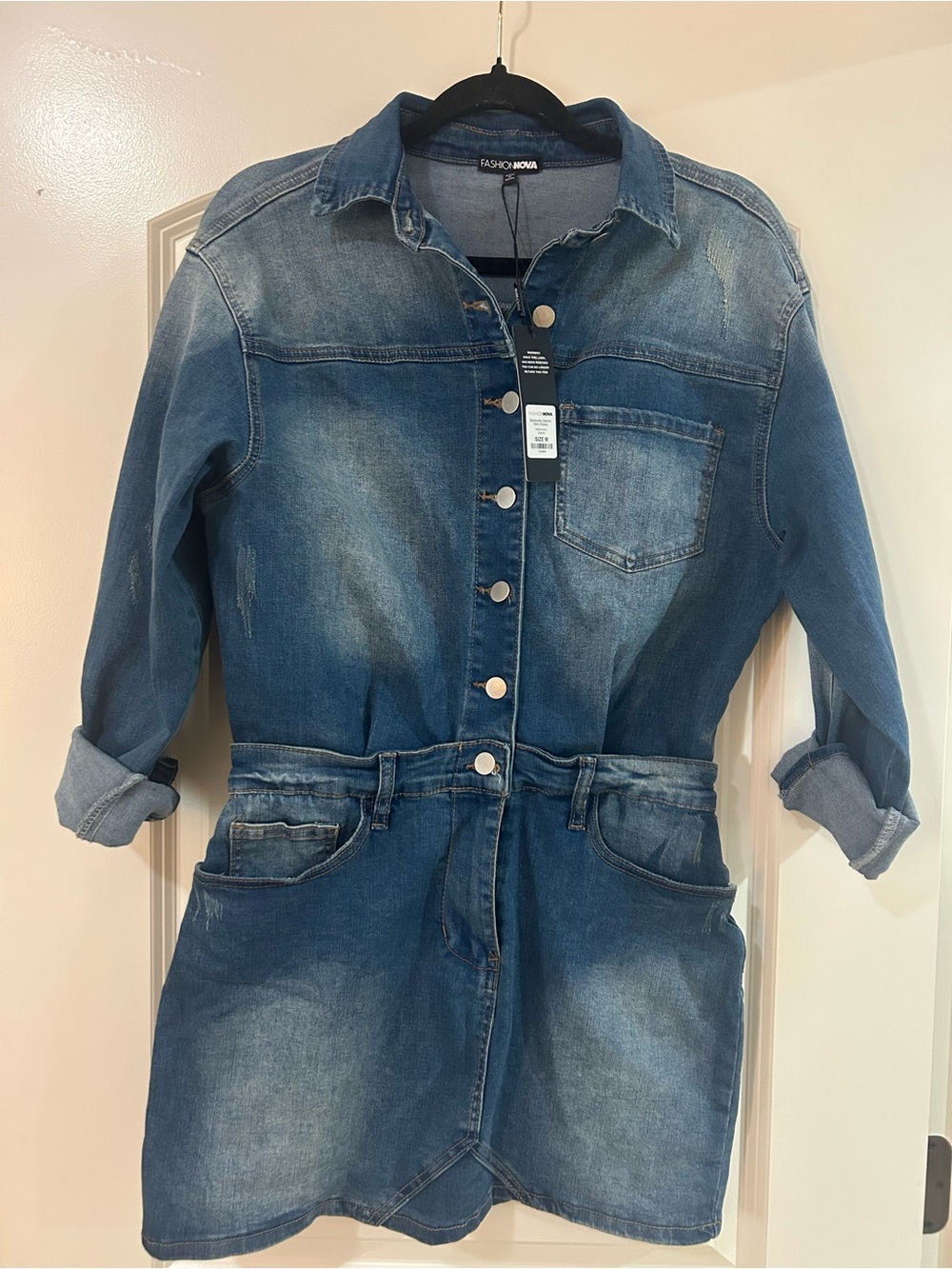 Fashion Nova Medium Blue Denim Jacket Dress with Rolled Sleeves